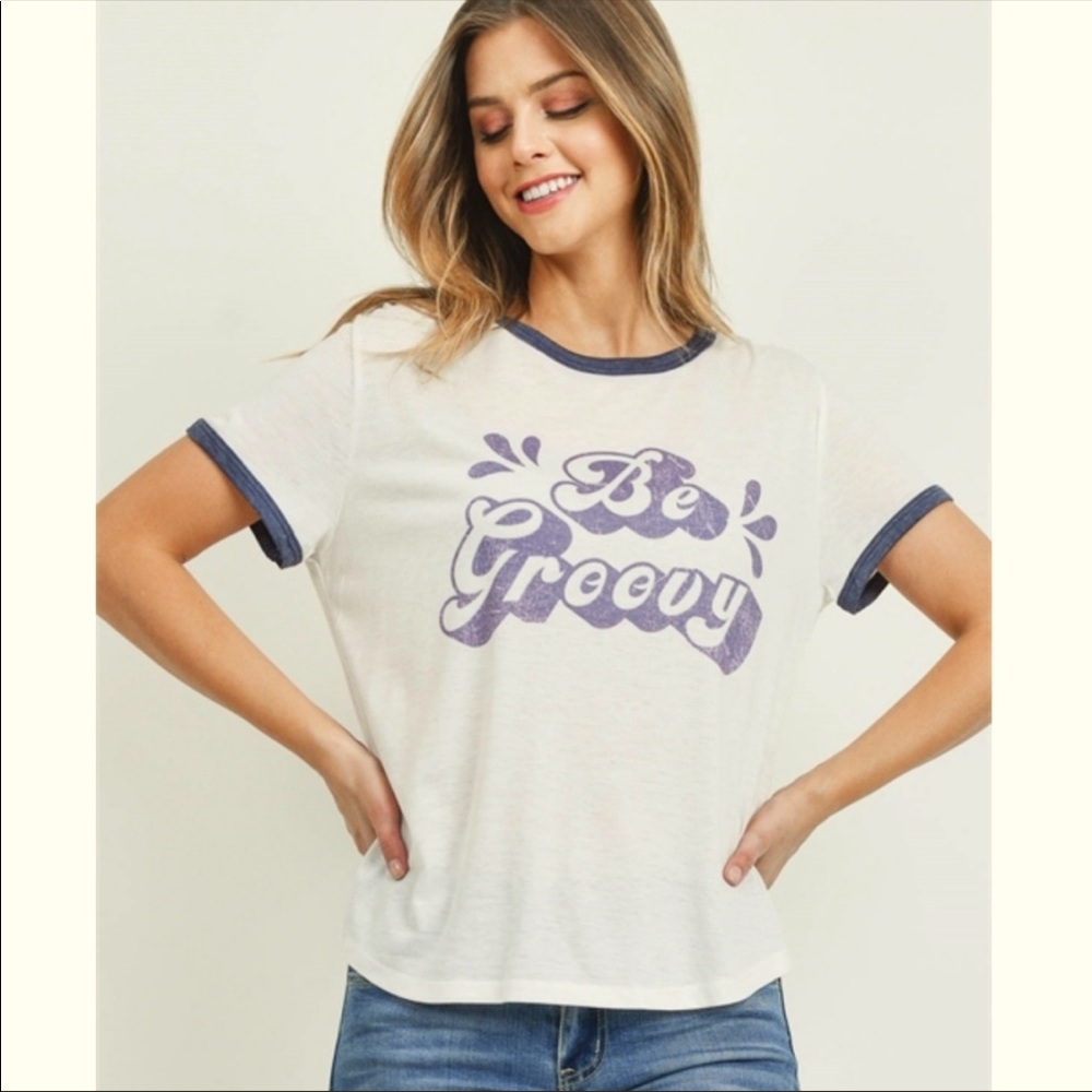 Be Groovy Retro Vintage Effect Graphic Ringer Tee